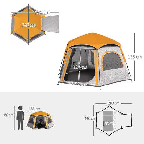 Outsunny Instant Pop Up Camping Tent, 2/3/4 Person Easy Setup Dome Family Tent with Vestibule, Rainfly, 4 Mesh Windows & 2 Doors, Hexagonal Design, Waterproof & UV Protected, Light Grey