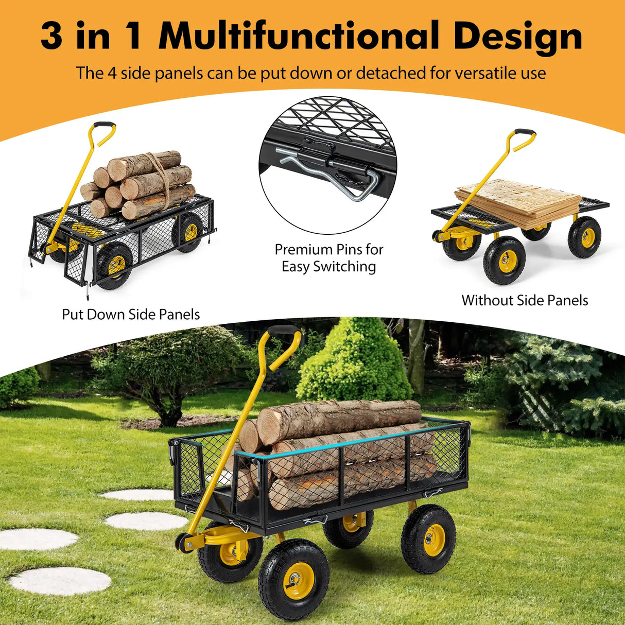 Utility Garden Cart with 180 Rotating Handle and Removable Sides for Outdoor-Black