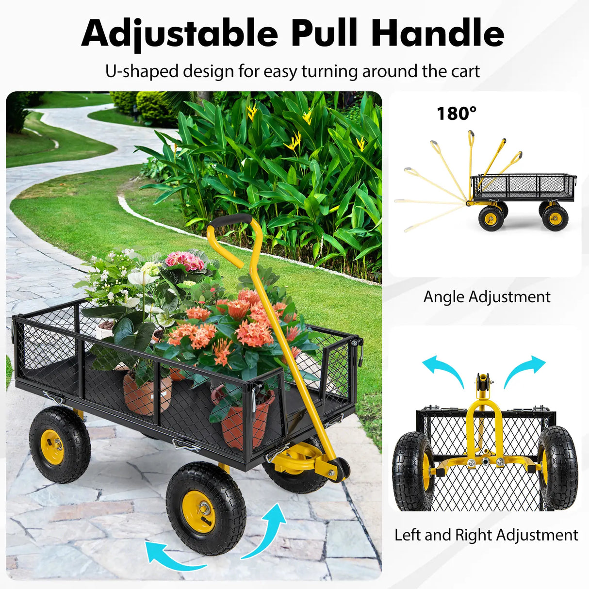 Utility Garden Cart with 180 Rotating Handle and Removable Sides for Outdoor-Black