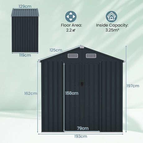 193 x 129 x 196 cm Tool Shed Garden Shed with Sloping Roof Sliding Doors Vents Grey Galvanised Metal Frame