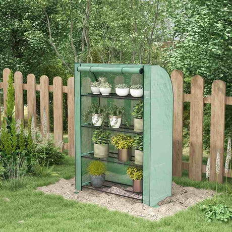 Outsunny 4 Tier Mini Greenhouse with Reinforced PE Cover, Portable Indoor Outdoor Green House with Roll-up Door and Wire Shelves, 170H x 120W x 50Dcm, Green