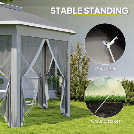 Outsunny 3 x 4m Garden Gazebo Hexagon Pop Up Gazebo Party Tent Canopy Double Roof Instant Shelter with Netting and Carry Bag for Outdoor Patio, Dark Grey