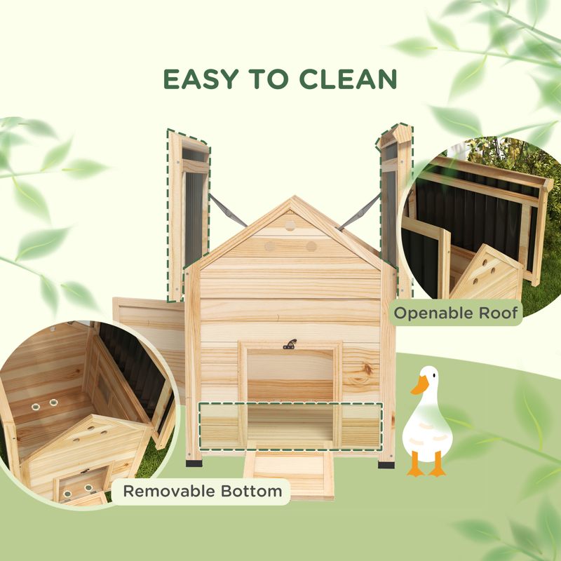 PawHut Wooden Duck House with Double Doors, Openable Roof, Ventilation Holes, Removable Base, Natural Wood Finish