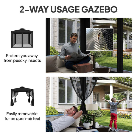 Outsunny 3 x 3 m Metal Gazebo, Garden Pavillion, Double Roof Outdoor Canopy Shelter with Mesh Sidewalls, Black