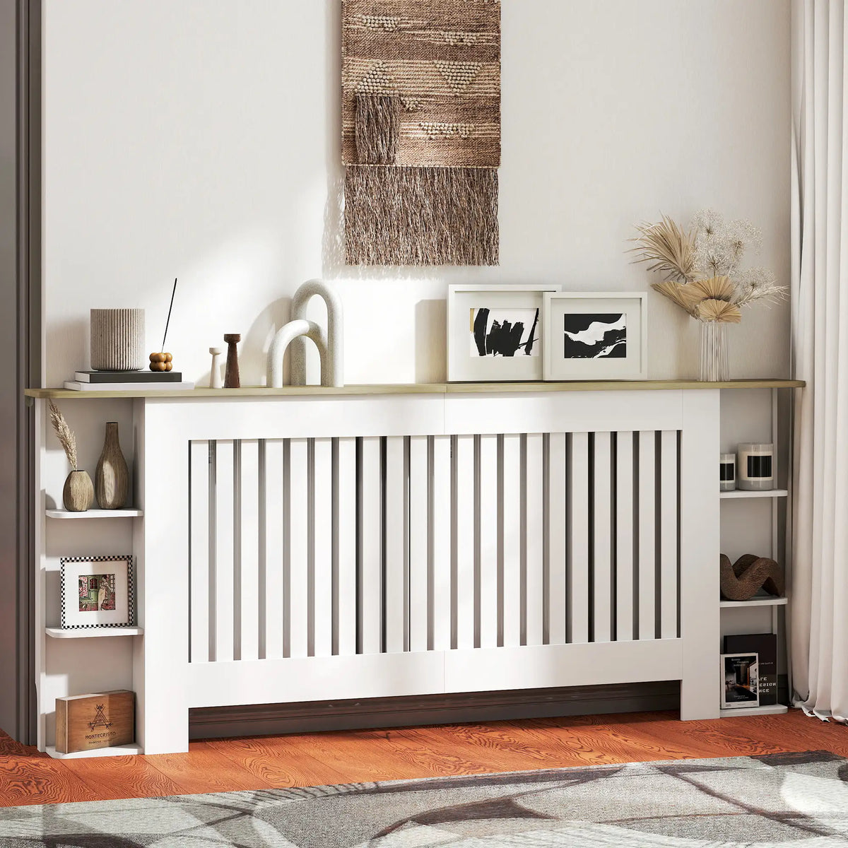 HOMCOM Radiator Cover with Open Storage Shelves, Vertical Slatted Cabinet Shelf Heater Cover for Living Room, Hallway, Extra Large, White (H: 83 / W: 191 / D: 19 cm)