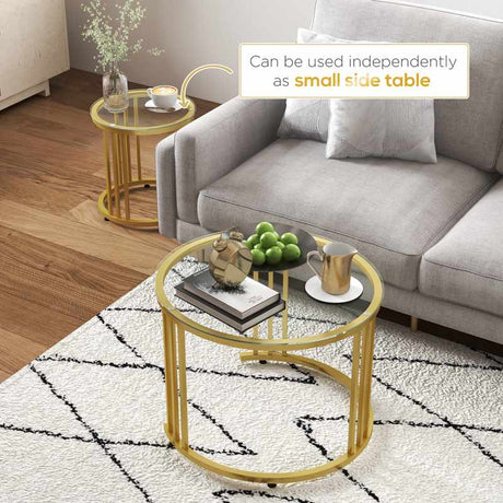 HOMCOM Round Coffee Tables Set of 2, Nesting Tables with Tempered Glass Top and Steel Frame, 60cmx60cmx47cm, Gold Tone