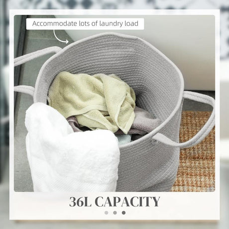 HOMCOM 36L Cotton Rope Laundry Basket, with Handles - Grey