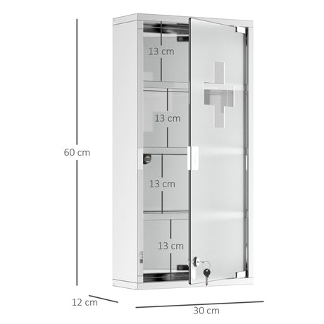 HOMCOM 4 Tier Stainless Steel Wall Mounted Medicine Cabinet Glass Lockable Door Storage Shelves Houseware Bathroom Furniture 60Hx30Wx12D(cm) w/2 Keys