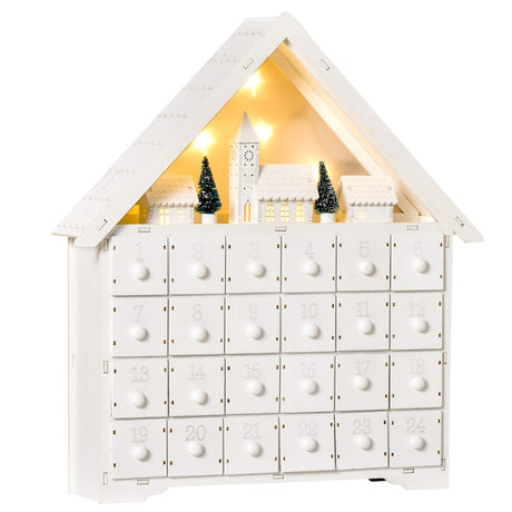 HOMCOM 24-Drawer Christmas Advent Calendar, Wooden Light-Up Traditional Decoration, Adults Kids Countdown Holiday House w/ Lights Handle White