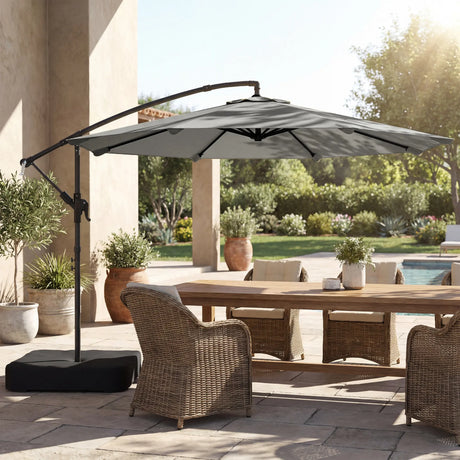Outsunny 3 m Garden Cantilever Parasol with Cross Base, Sandbag, 360 Rotating Overhanging Banana Umbrella, Grey