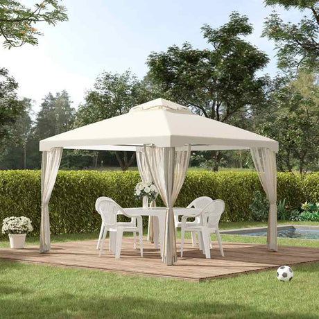 Outsunny 3 x 3 m Metal Gazebo, Garden Pavillion, Double Roof Outdoor Canopy Shelter with Mesh Sidewalls, Cream White