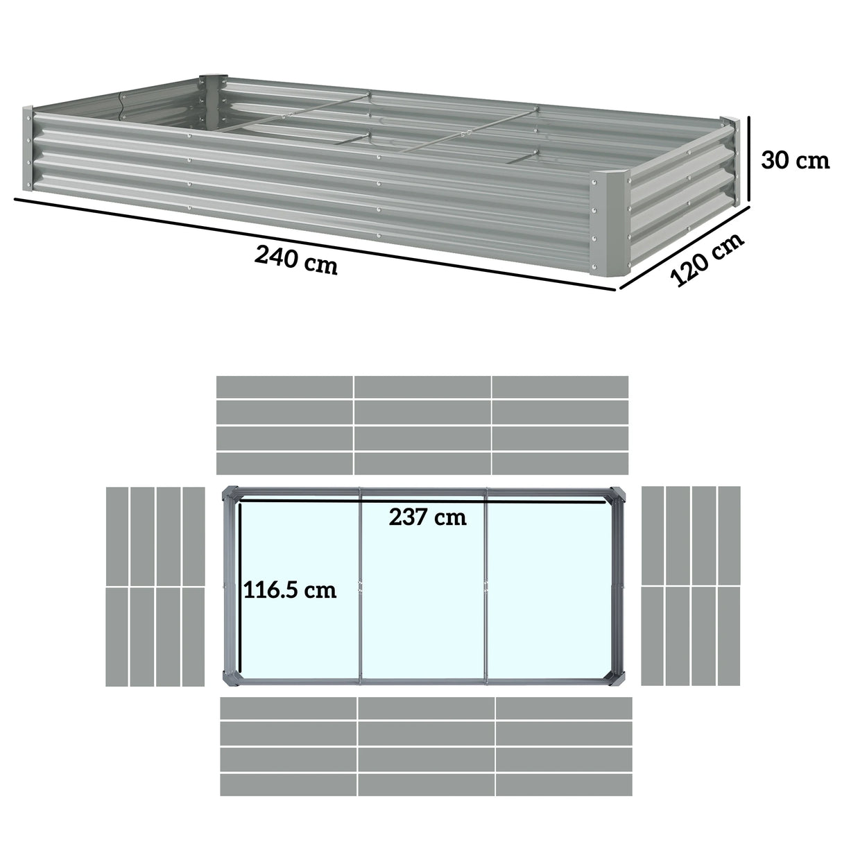 Outsunny 240 x 120cm Galvanised Steel Open Planter - Silver
