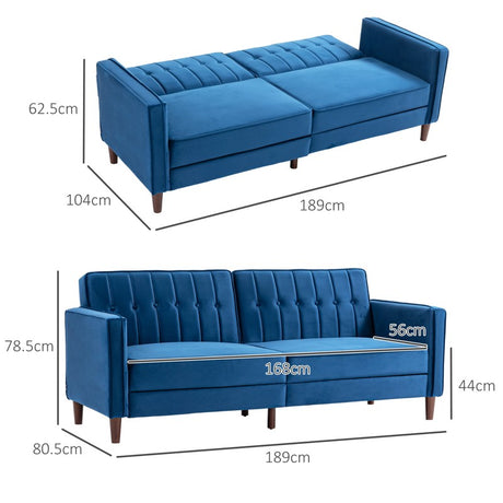 HOMCOM Velvet-Feel Three-Seater Sofa Bed - Blue