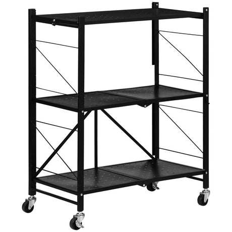 HOMCOM 3-Tier Storage Trolley Cart, Foldable Rolling Cart for Kitchen, Living Room and Bathroom, 68 x 34.5 x 85.5 cm, Black