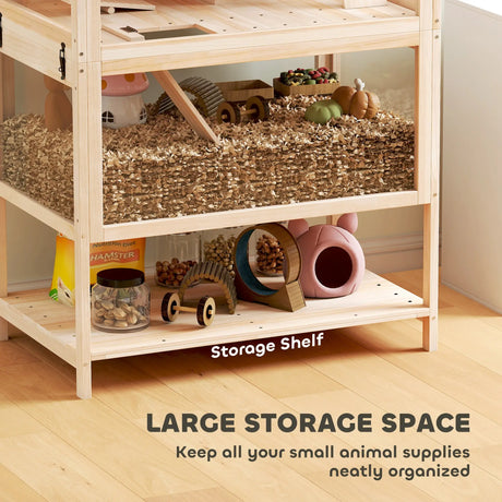 PawHut Wooden Hamster Cage with Detachable Lower Floor, Storage Shelf, Hut, Seesaw, Exercise Wheel, Ramps for Hamster