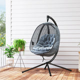 Outsunny Outdoor Swing Chair with Thick Padded Cushion, Patio Hanging Chair with Metal Stand, Egg Chair with Foldable Basket, Cup Holder, for Indoor and Outdoor, Dark Grey