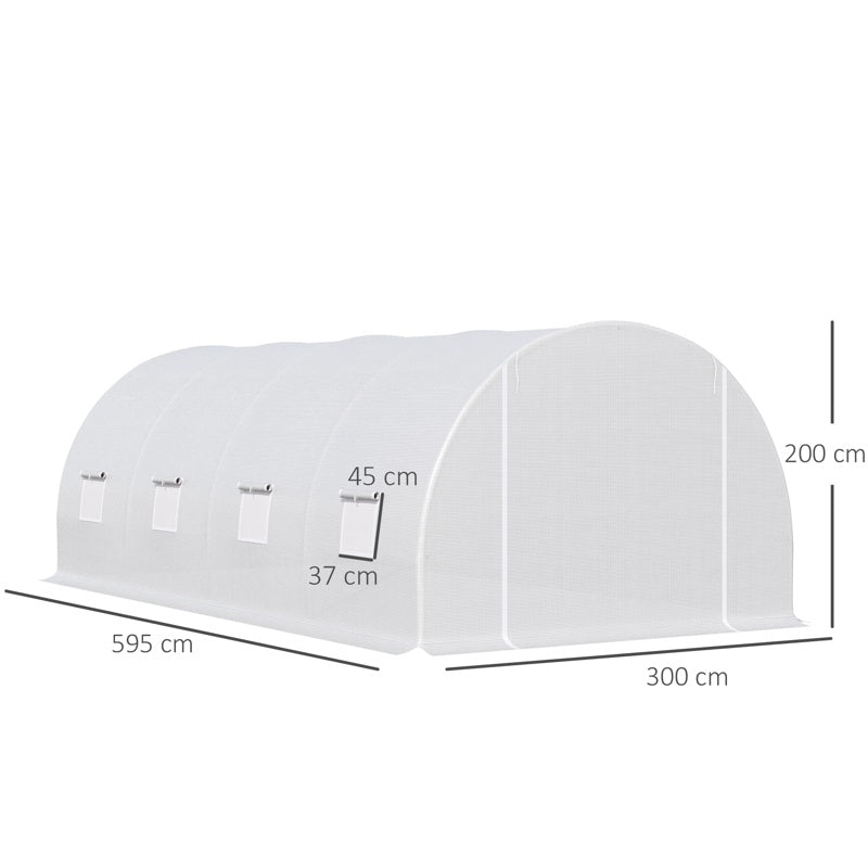 Outsunny 6 x 3 x 2 m Polytunnel Greenhouse, Walk in Polytunnel Tent with Metal Frame, Zippered Door and 8 Windows for Garden and Backyard, White