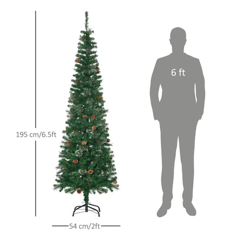 HOMCOM 6.5FT Tall Pencil Slim Artificial Christmas Tree with Realistic Branches, Tip Count and Pine Cones, Pine Needles Tree, Xmas Decoration, Green