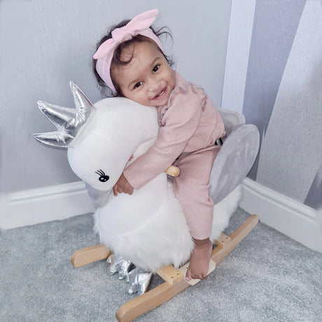HOMCOM Kids Rocking Horse, Children Plush Ride On Swan Animal Rocker w/ Sound, Wood Base Seat, Safety Belt, Baby Toy Rocker for Toddler 18 - 36 Months, White and Grey