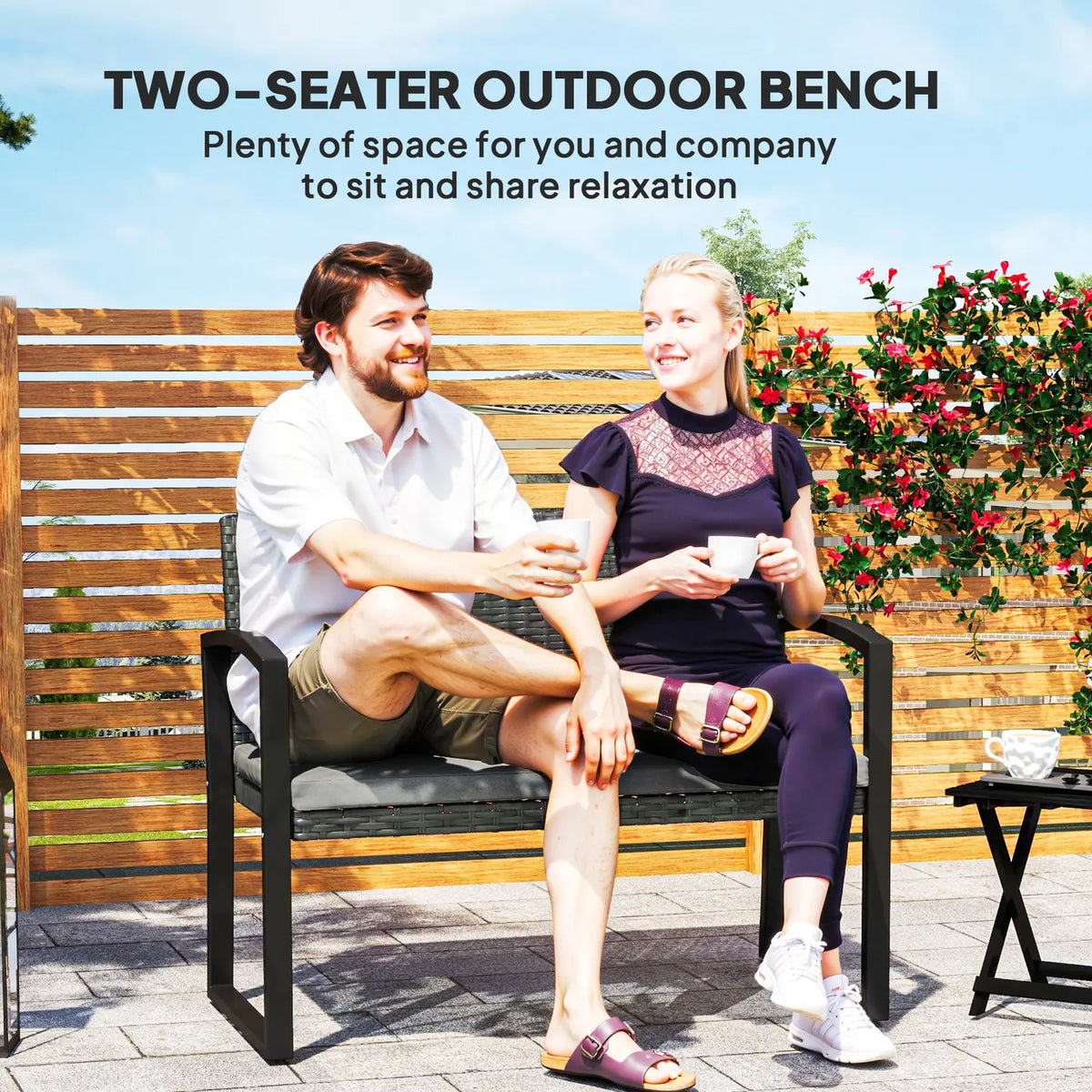 Outsunny Two-Seater Rattan Garden Bench - Light Grey