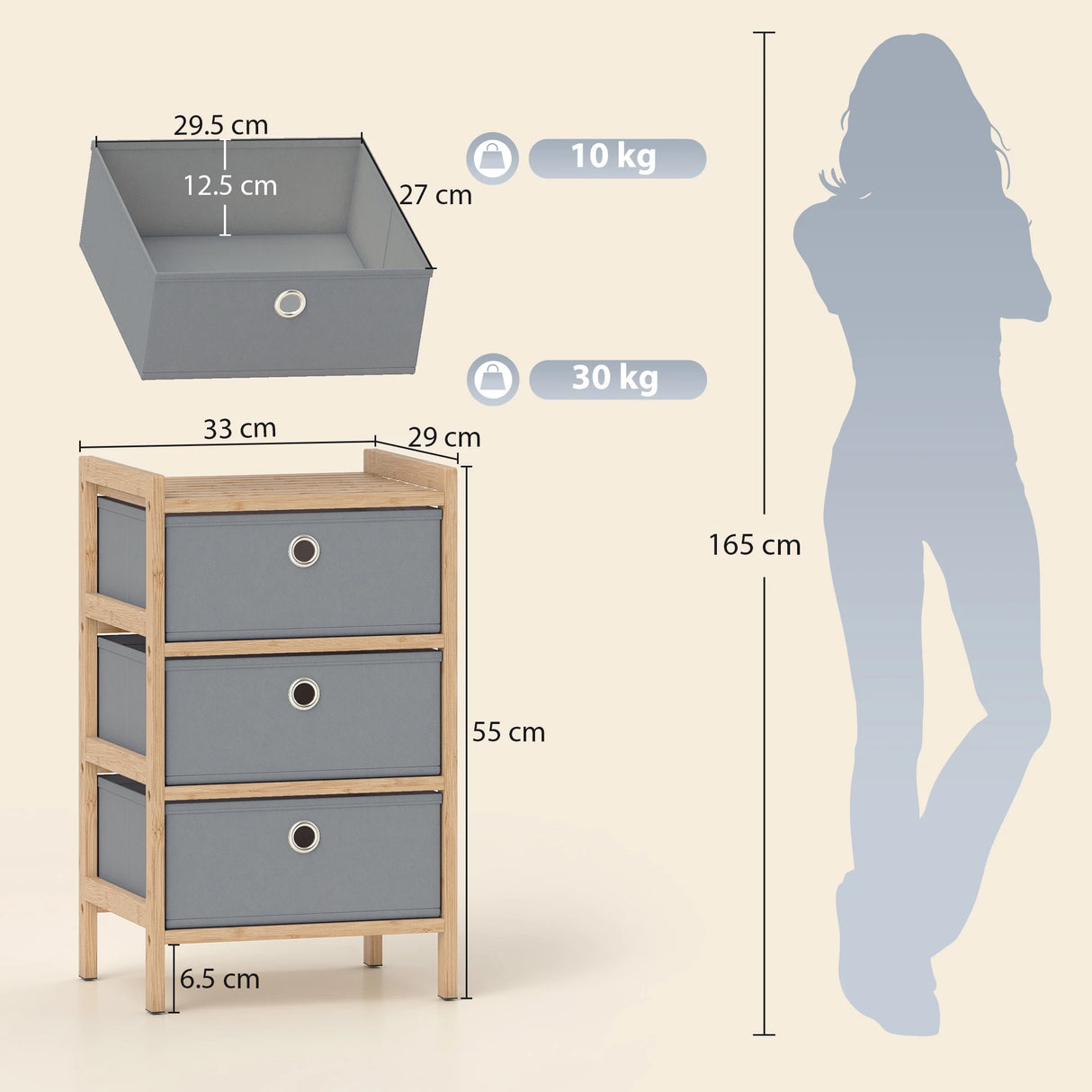 HOMCOM Chest of Drawers, 3 Fabric Drawers Narrow Dresser with Bamboo Frame, Light Grey