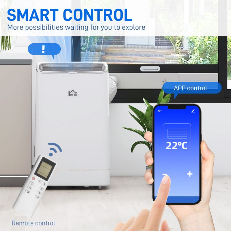 HOMCOM 14000 BTU Mobile Air Conditioner, 35m2, Smart Home WiFi, with Dehumidifier, Fan, 24H Timer, Window Kit, White