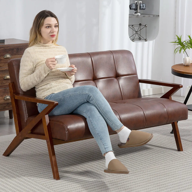 HOMCOM Compact 2 Seater Sofa, Vintage Tufted Loveseat Sofa with Solid Wood Legs, PU Leather Small Couch Settee for Living Room, Bedroom, Home Office, 133 x 81 x 78.5 cm, Brown