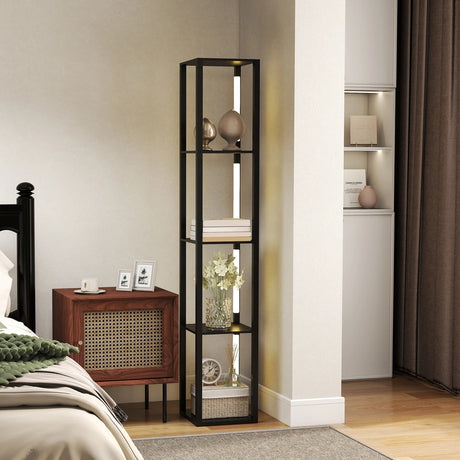 HOMCOM Floor Lamp with Shelves, 4 Layer Dimmable Column Modern Standing Lamp with 3 Brightness Levels and Foot Switch for Living Room, Bedroom, Office, Black