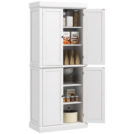 HOMCOM Freestanding Kitchen Cupboard with 4 Doors, Storage Cabinet with 6-Tier Shelving and 4 Adjustable Shelves, White