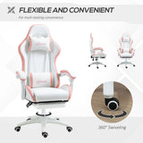 Vinsetto Computer Gaming Chair, PU Leather Office Desk Chair with Footrest, Swivel Wheels, 135 Reclining Back, Lumbar Support, Headrest for Home, White and Pink