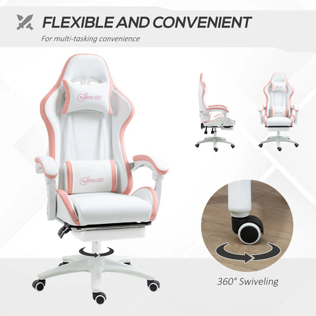 Vinsetto Computer Gaming Chair, PU Leather Office Desk Chair with Footrest, Swivel Wheels, 135 Reclining Back, Lumbar Support, Headrest for Home, White and Pink