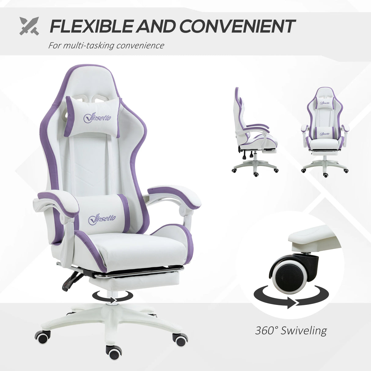 Vinsetto Computer Gaming Chair, PU Leather Office Desk Chair with Footrest, Swivel Wheels, 135 Reclining Back, Lumbar Support, Headrest for Home, White and Purple