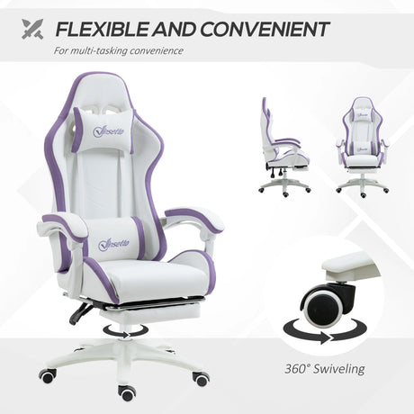 Vinsetto Computer Gaming Chair, PU Leather Office Desk Chair with Footrest, Swivel Wheels, 135 Reclining Back, Lumbar Support, Headrest for Home, White and Purple