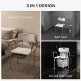 HOMCOM Height Adjustable Shower Stool with Arms and Back, Non-Slip Bedside Commode with Detachable Bucket for Elderly, White