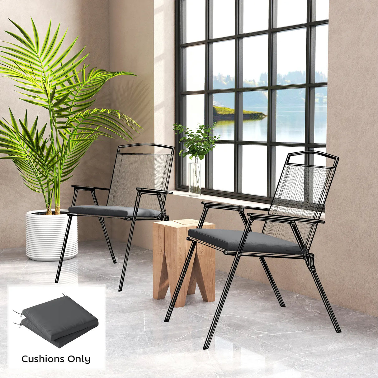 Outsunny Outdoor Seat Cushions Set of 2 with Ties, Waterproof Garden Seat Pads, Dark Grey