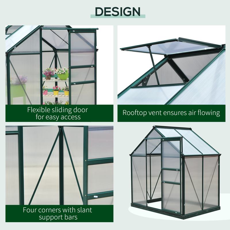 Outsunny 6 x 4ft Polycarbonate Greenhouse, Large Walk-In Green House with Slide Door and Window, Garden Plants Grow House with Aluminium Frame and Foundation, Dark Green