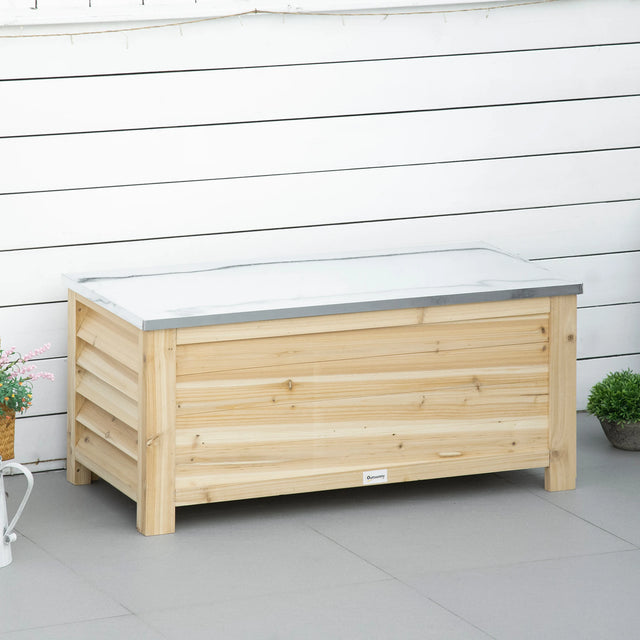 Outsunny 155L Outdoor Storage Box with Metal Top and Shutter Walls, Wooden Outside Tool organiser Container, for Garden, terrace