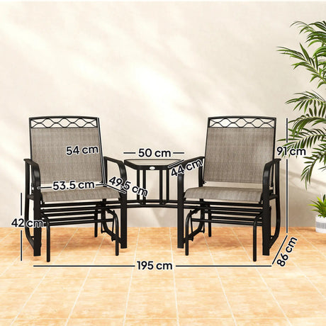 Outsunny Double Outdoor Glider Chair, 2 Seater Patio Rocking Chairs, Swing Bench with Tempered Glass Table, Breathable Mesh Fabric for Backyard, Garden, Porch, Brown