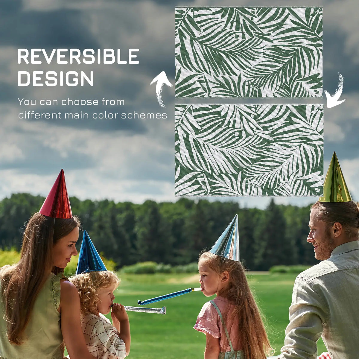 Outsunny Reversible Outdoor RV Rug, 1.5 x 2.4m Patio Floor Mat, Waterproof Plastic Straw Rug for Garden, Deck, Picnic, Beach, Camping, Green Leaves, Green and White
