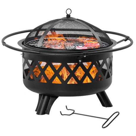 Outsunny 2-in-1 Outdoor Fire Pit with BBQ Grill, Patio Heater Log Wood Charcoal Burner, Firepit Bowl with Spark Screen Cover, Poker for Backyard Bonfire