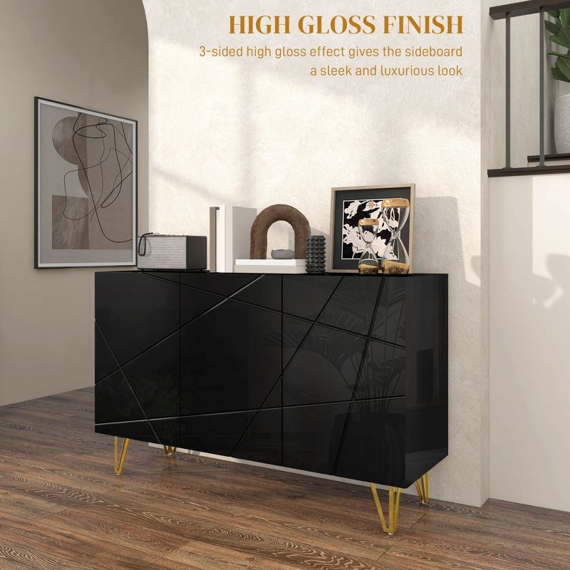 HOMCOM Modern Luxe High Gloss Sideboard with Golden Hairpin Legs, Black