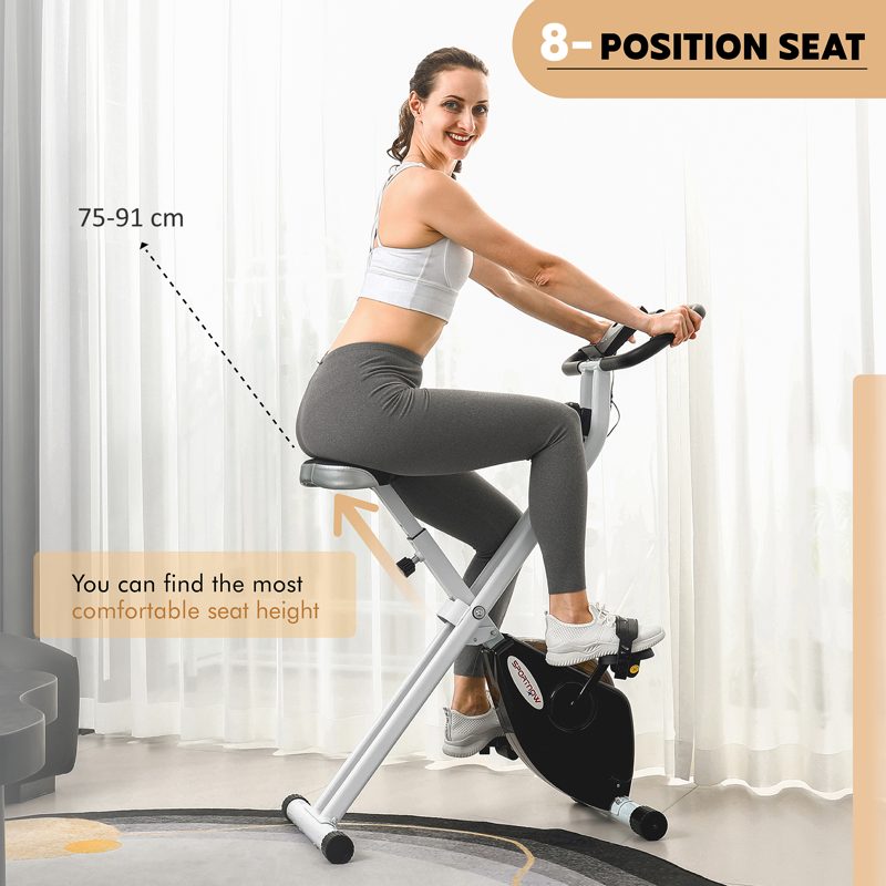 SPORTNOW Folding and Quiet Exercise Bike with 8-Level Magnetic Resistance and Heart Rate Sensor, for Home Gym, Black and White