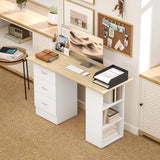 HOMCOM Computer Desk, Writing Table, PC Workstation with 3 Storage Shelves and Drawers, Silver Handle, for Home Office, Natural Wood Finish and White