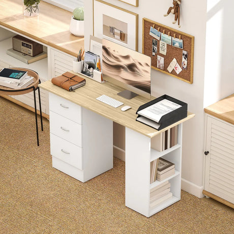 HOMCOM Computer Desk, Writing Table, PC Workstation with 3 Storage Shelves and Drawers, Silver Handle, for Home Office, Natural Wood Finish and White
