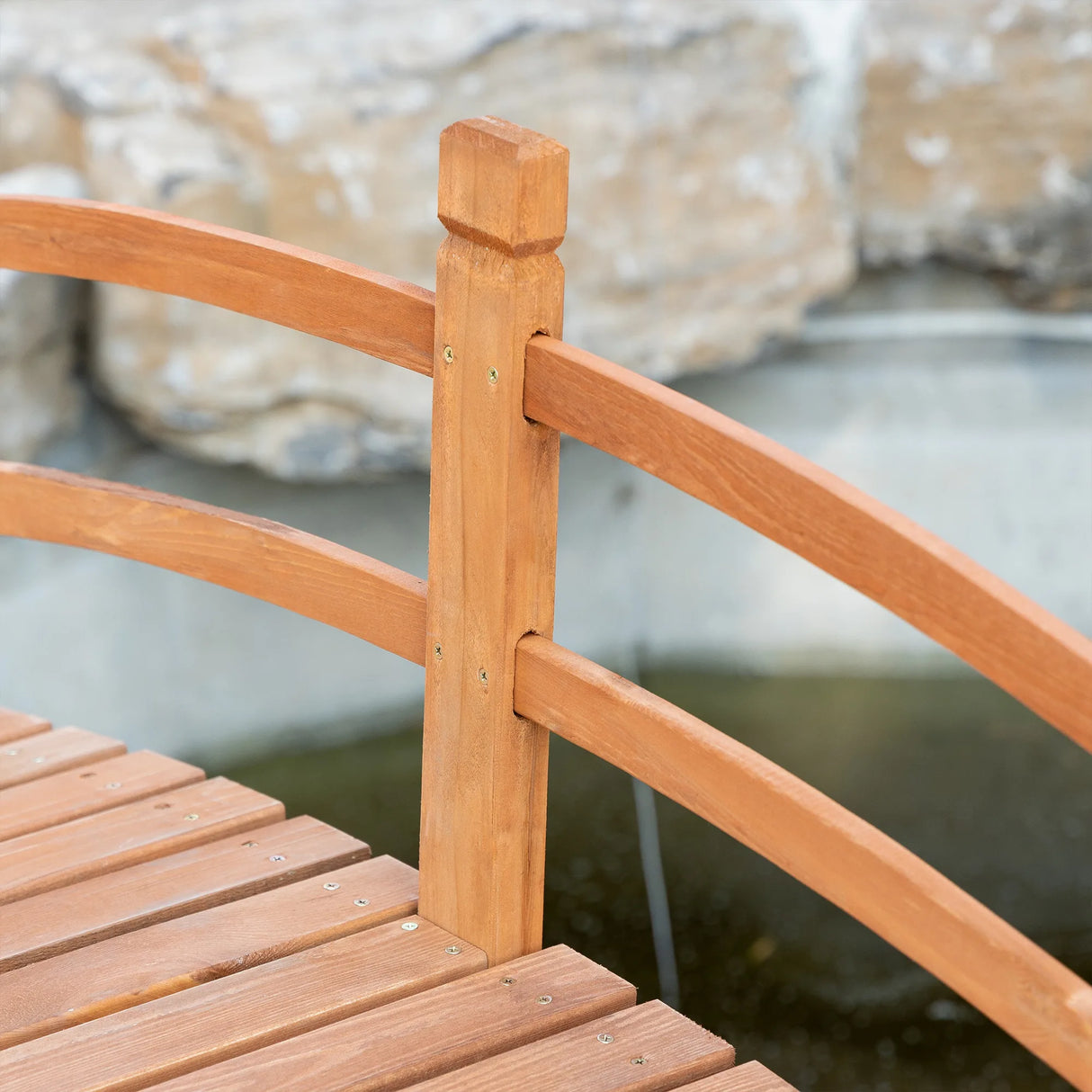 Outsunny 6FT Wooden Garden Bridge with Safety Railings, Classic Arc Footbridge for Stream Pond Walkway, Orange