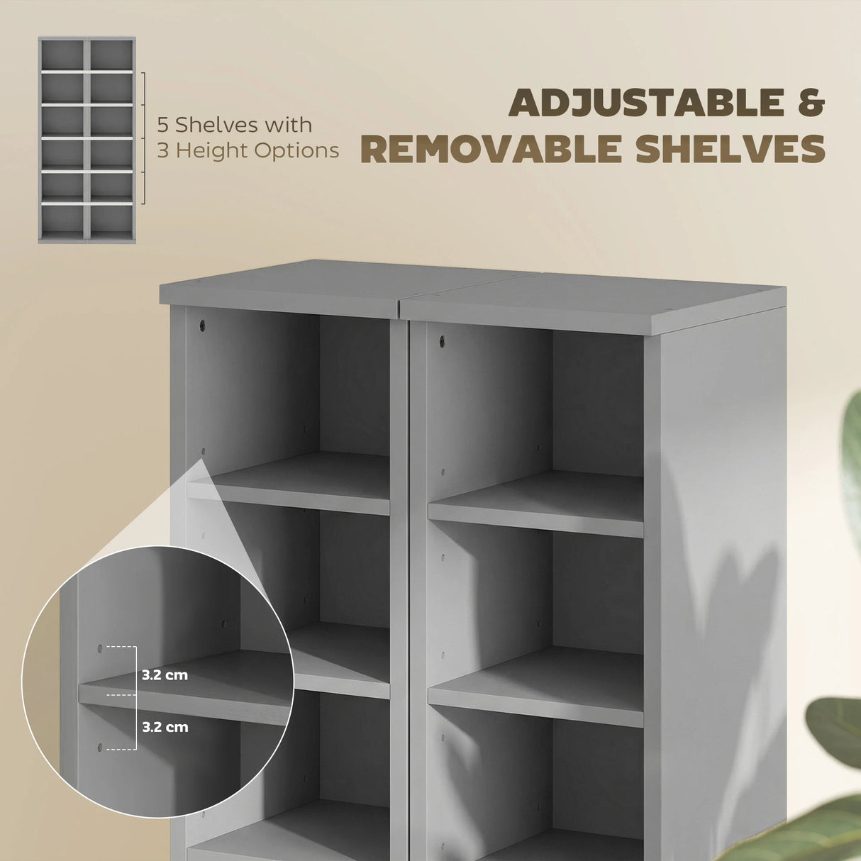 HOMCOM Set of 2 CD Media Display Shelf Unit Tower Rack with Adjustable Shelves, Light Grey