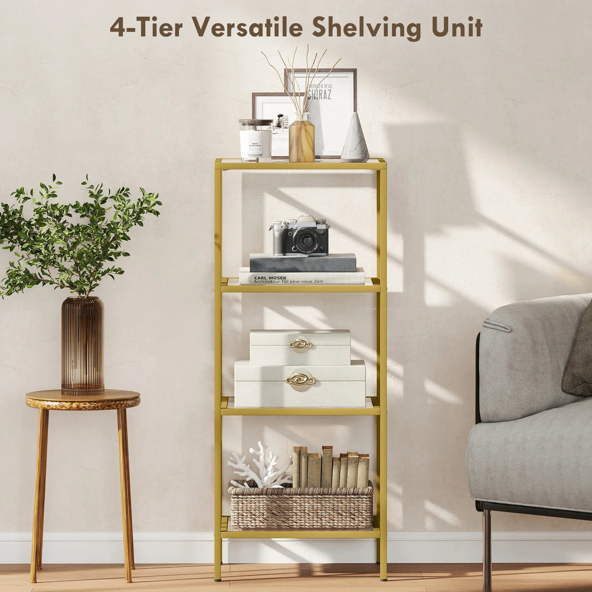 HOMCOM 4-Tier Shelving Unit, Glass Shelf, Vertical Storage Shelf for Living Room, Home Office, Bedroom, Bathroom, Gold Tone