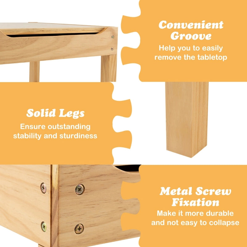 Kids Multi Activity Play Table Wooden Building Block Desk with Storage Paper Roll-Natural