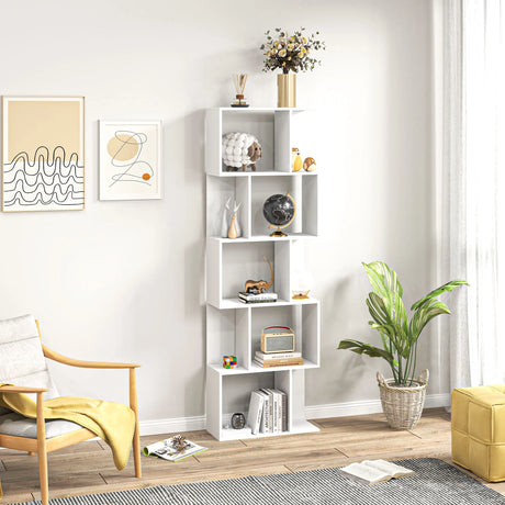 HOMCOM Bookcase, S-Shaped Wooden Bookshelf, 5 Tiers Freestanding Storage Shelf, Home Office Display Stand Rack, White