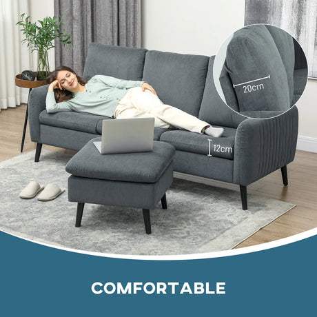HOMCOM 3 Seater Sofa with Ottoman, 196cm Corduroy L-shaped Sofa Couch with Scatter Back, Reversible Chaise Lounge for Living Room, Home Office, Small Spaces, Charcoal Grey